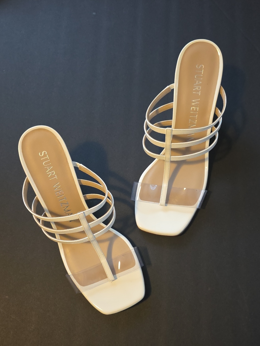 Stuart Weitzman White Strappy Clear-Band Slide Sandals